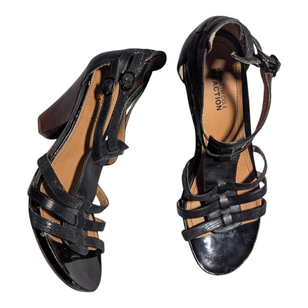 Kenneth Cole Reaction Black Leather Wooden Block Heel Gladiator Sandals Sz 9.5